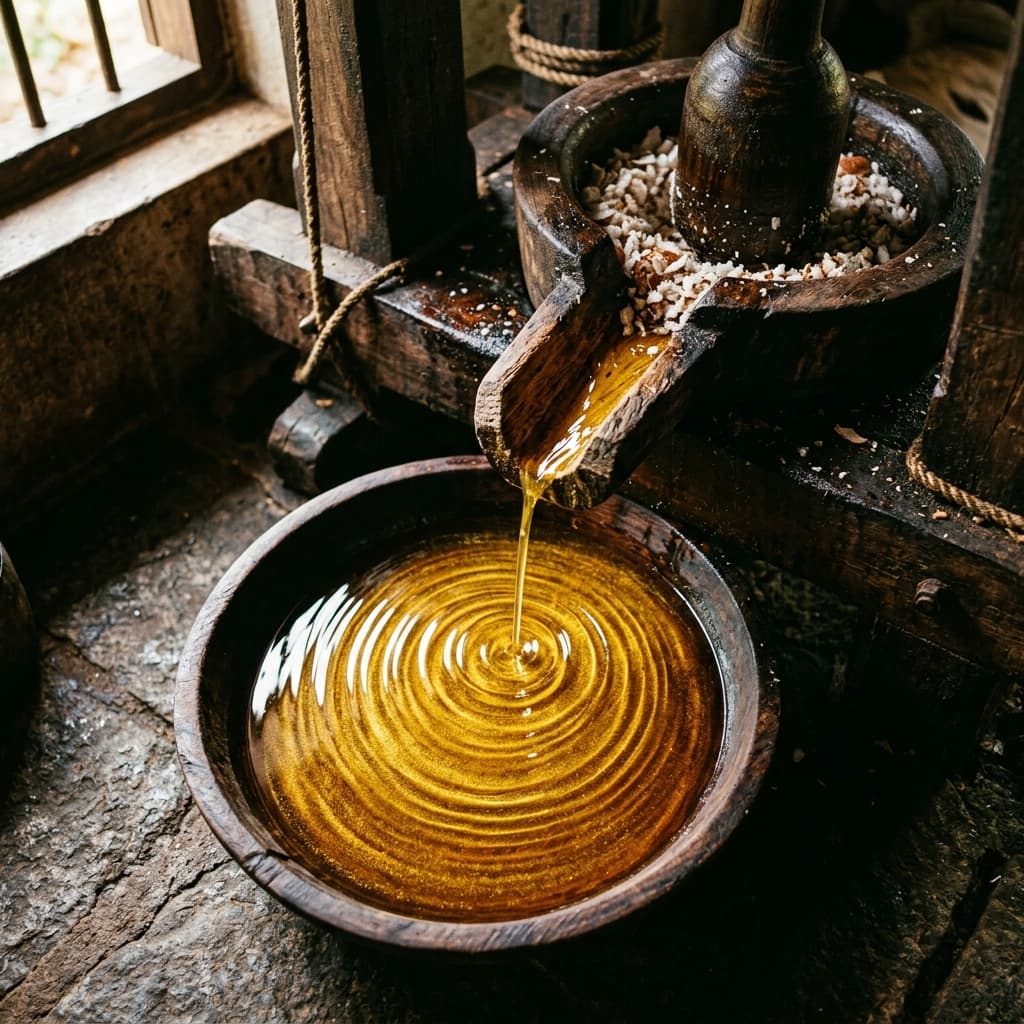 Cold-pressed oil in wooden churn