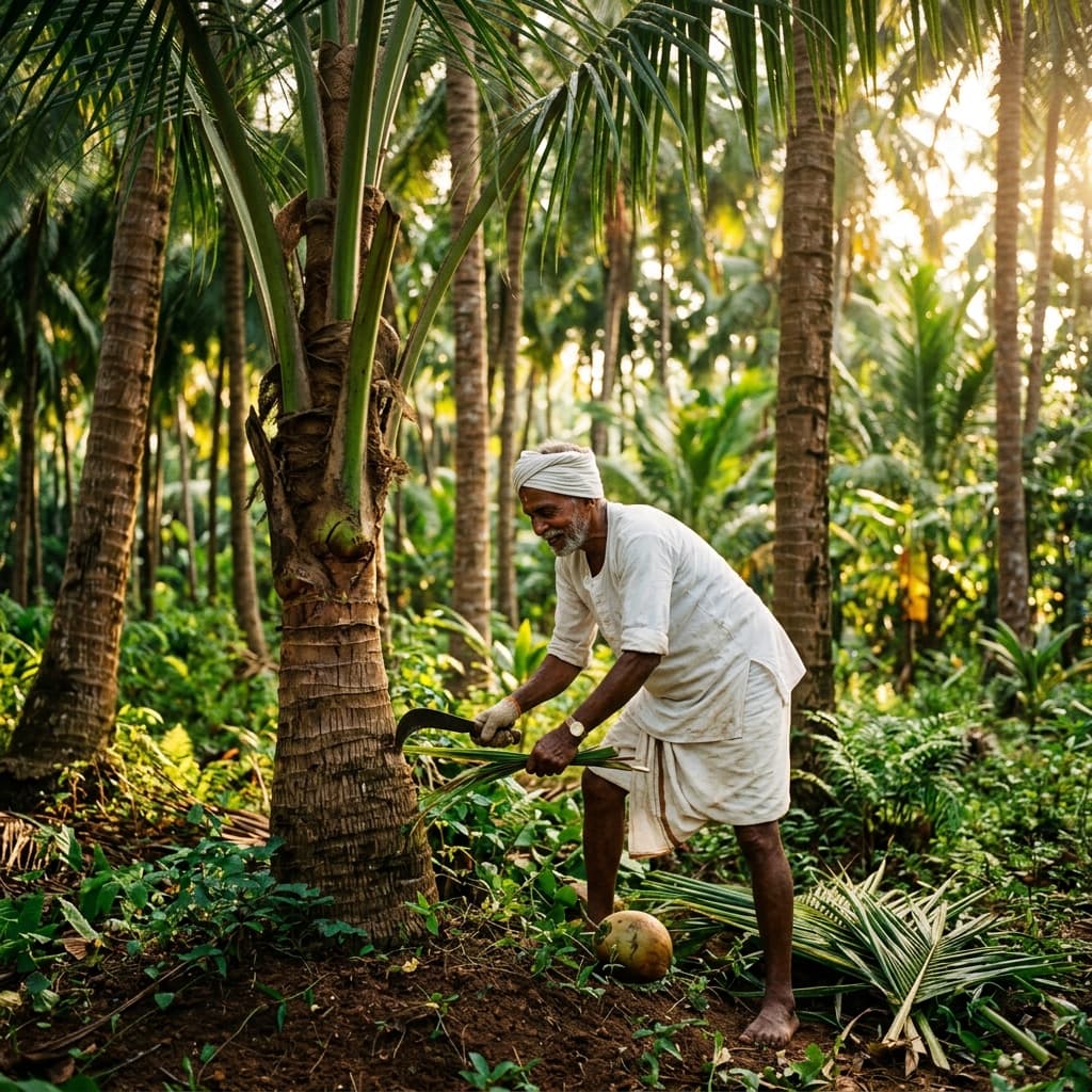 Farmer tending to coconut grove