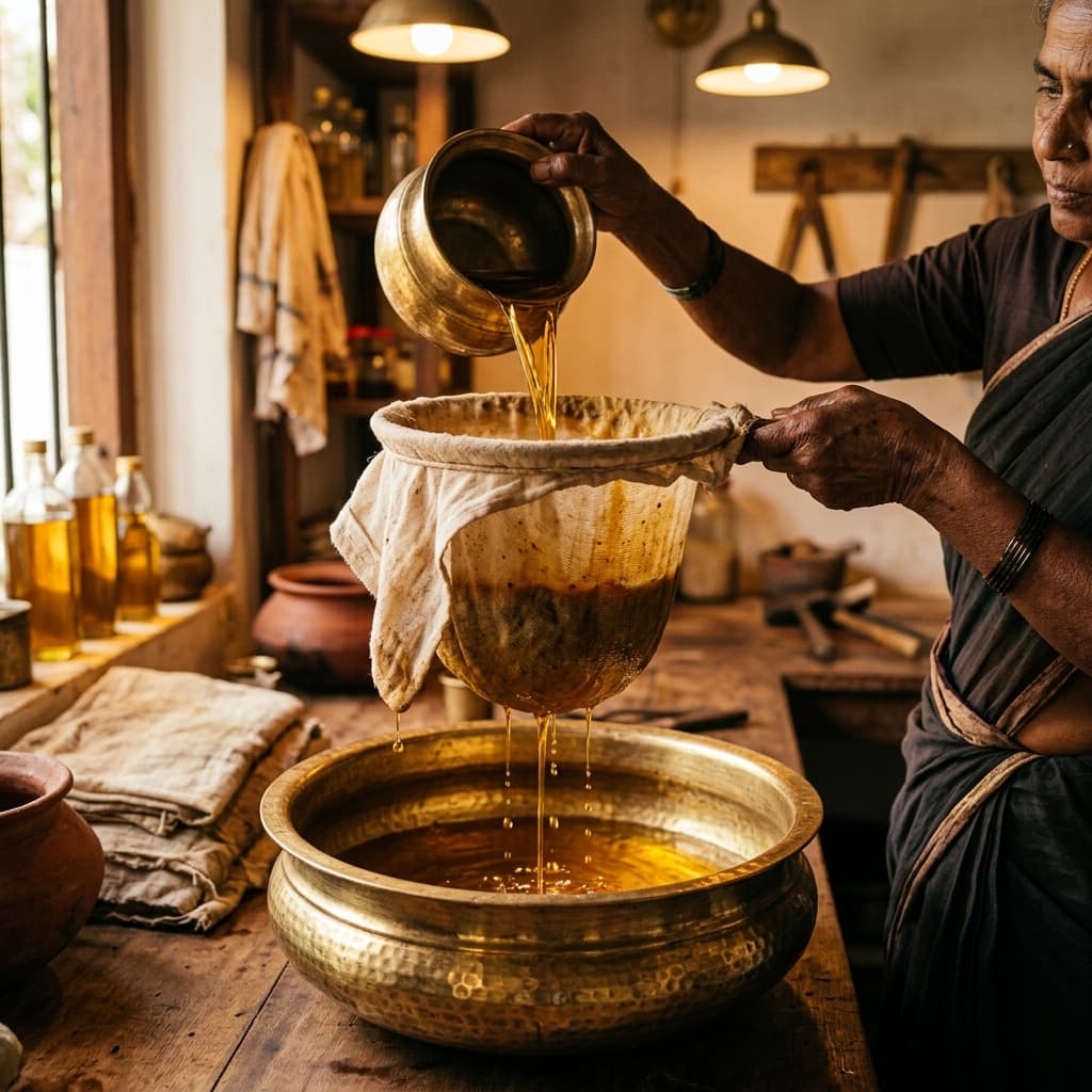 Oil being filtered through cloth